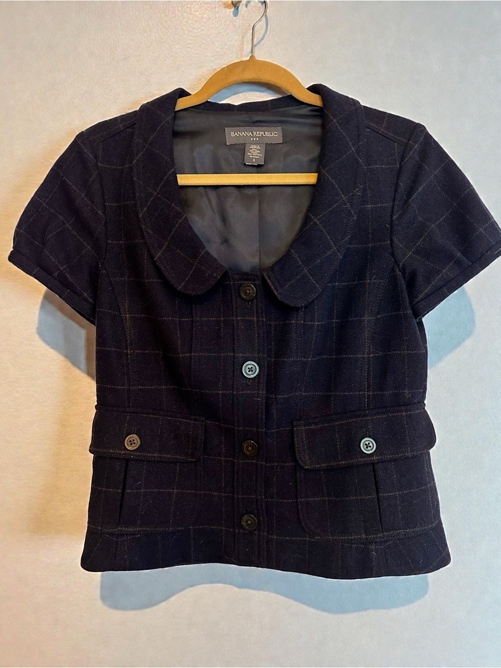 Banana Republic Dark Navy Wool Windowpane Short-Sleeve Jacket